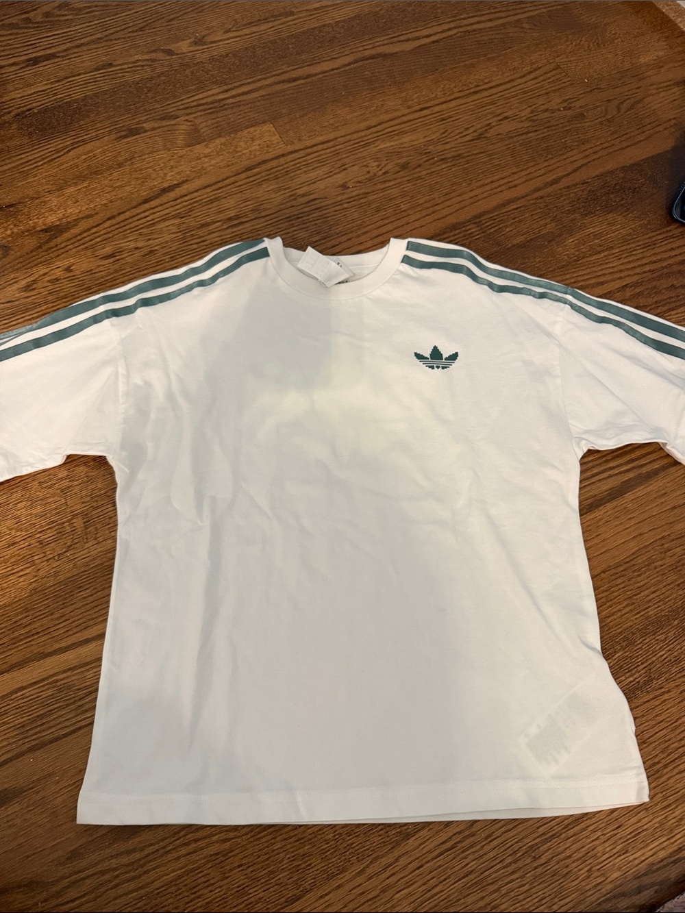 Adidas White Short-Sleeve Tee with Green Stripe Accents Size Small
